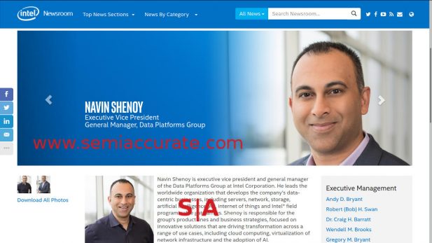 Intel's Navin Shenoy executive profile page with DPG listed for a title