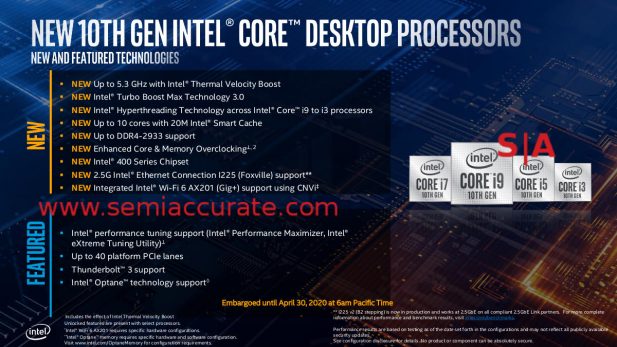 Intel 10th gen new feature table