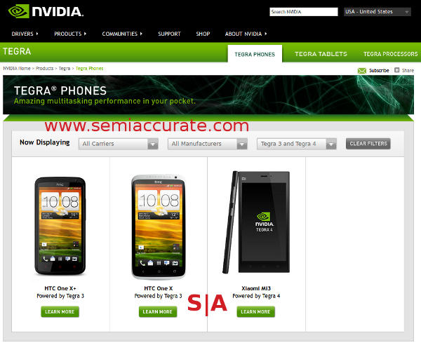 Nvidia phone listings for Tegra 3 and 4